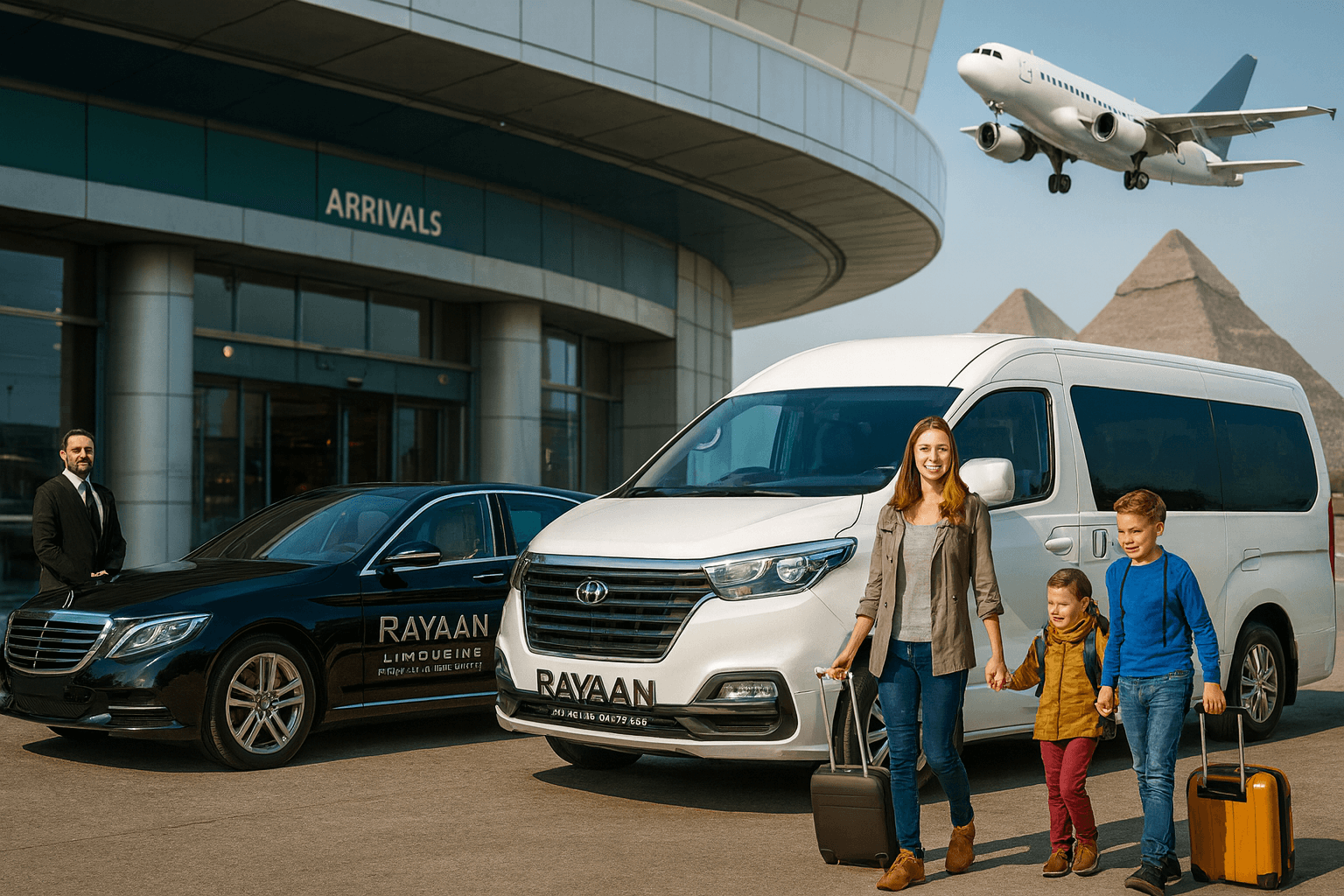 Luxury limousine at Cairo Airport for VIP airport transfers by Rayaan Limousine Egypt.