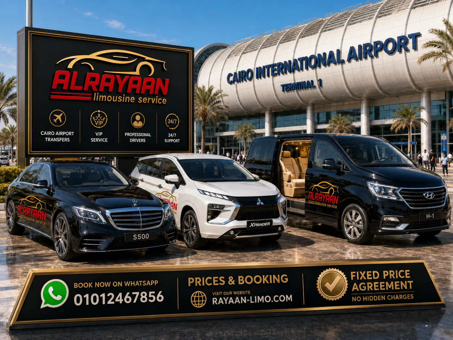 ليموزين مطار القاهرة اتش وان فان مرسيدس S500 اكسبندر مع الريان