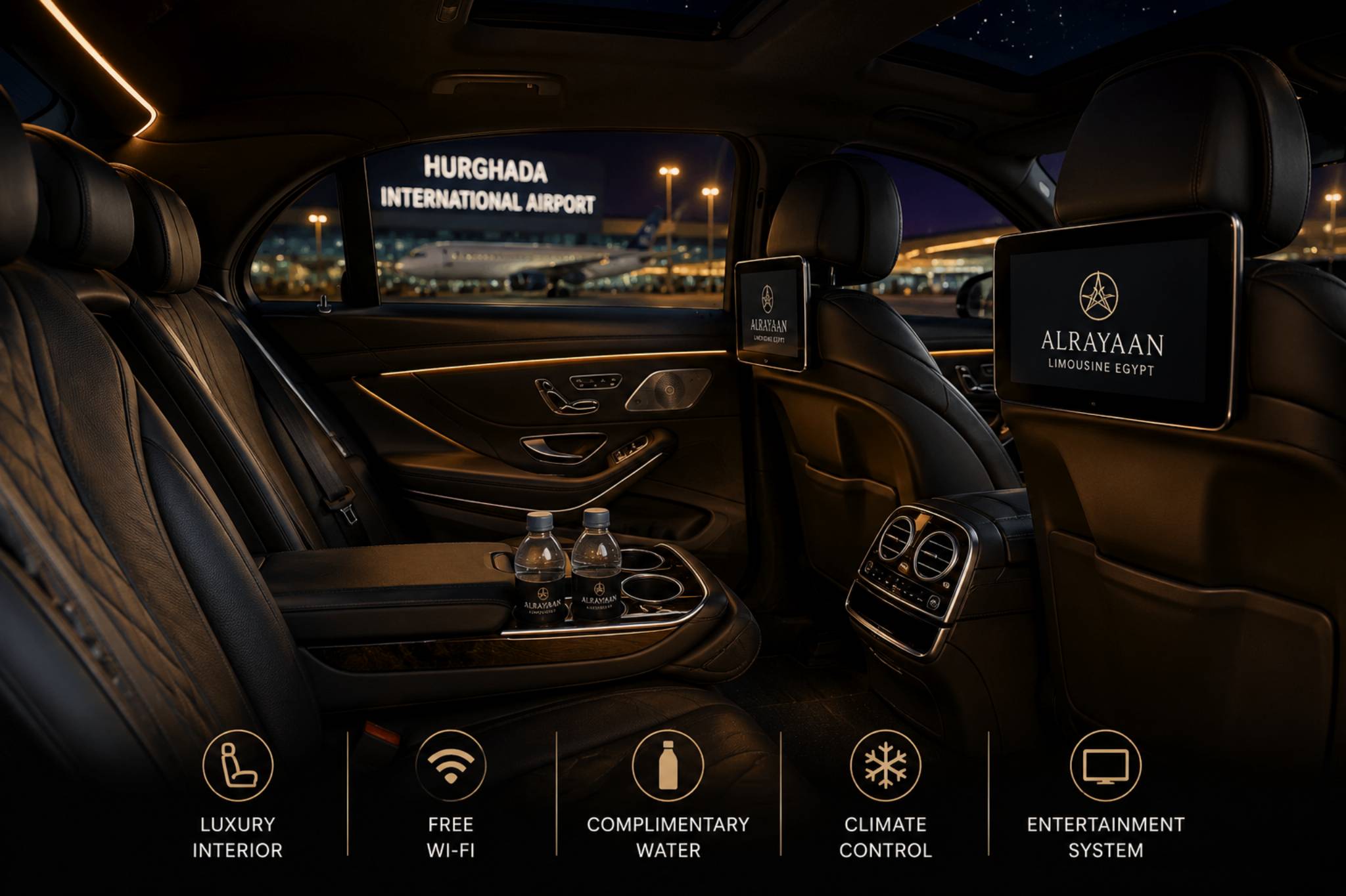 VIP Airport Transfer Egypt luxury limousine interior chauffeur service